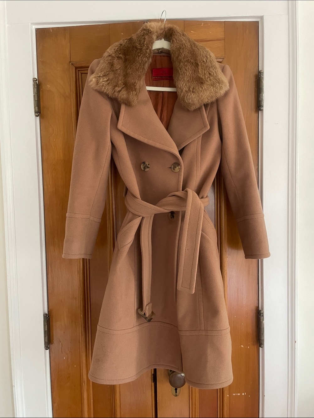 Carolina Herrera Virgin Wool, Cashmere Belted Coat with Rabbit Fur Collar
